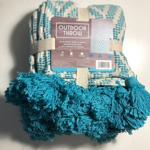 Outdoor Throw Beaches, Picnics or Camping Decorative Tassel Fringe Teal #712 - Picture 2 of 4